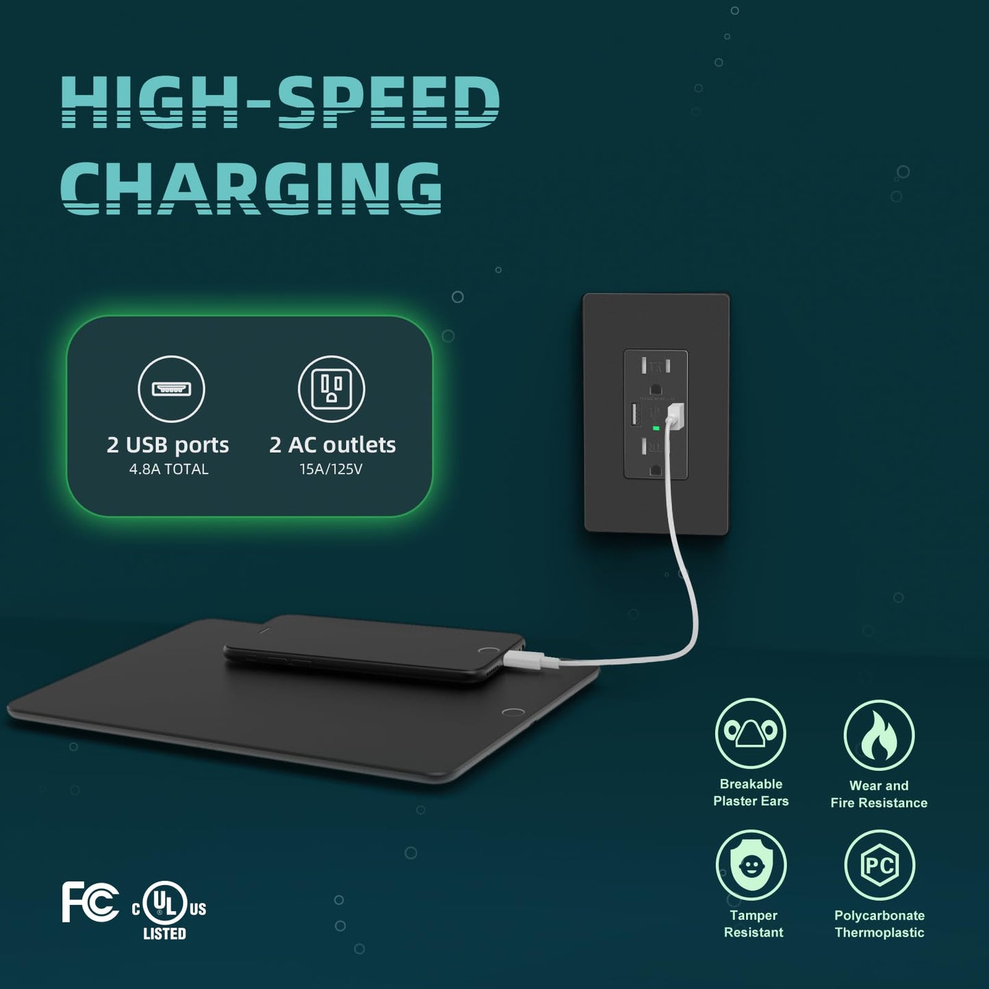 TOPELER 4.8A Black USB Charging Power Outlet, 15 Amp Duplex Tamper Resistant Receptacle, Electrical Socket with Dual USB-A Ports, Wall Screwless Plate Included, UL & FCC Approval