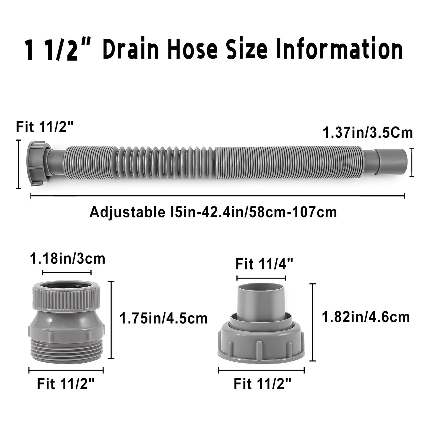 QruiLanTu 1 1/2" Flexible Drain Hose, Extendable Flexible Sink Drain Hose P-Trap with Adapter Suitable for Kitchens Bathrooms Outdoors and RVs (15 in-42.4in/58 cm-107 cm)