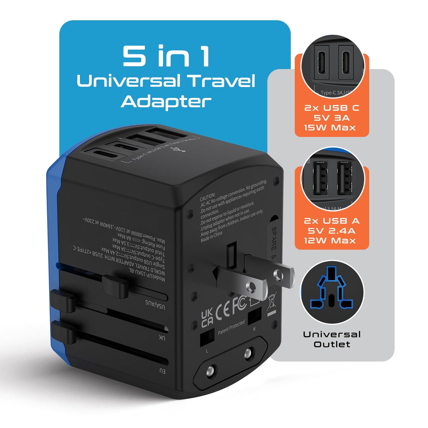 Ceptics Universal Travel Adapter, 5 in 1 Universal Laptop Charger with 2X USB-A & USB-C 3.5A for Mobiles, Laptops, Cameras US, UK, EU, AU, All in 1 Type A, C, G, I Output,