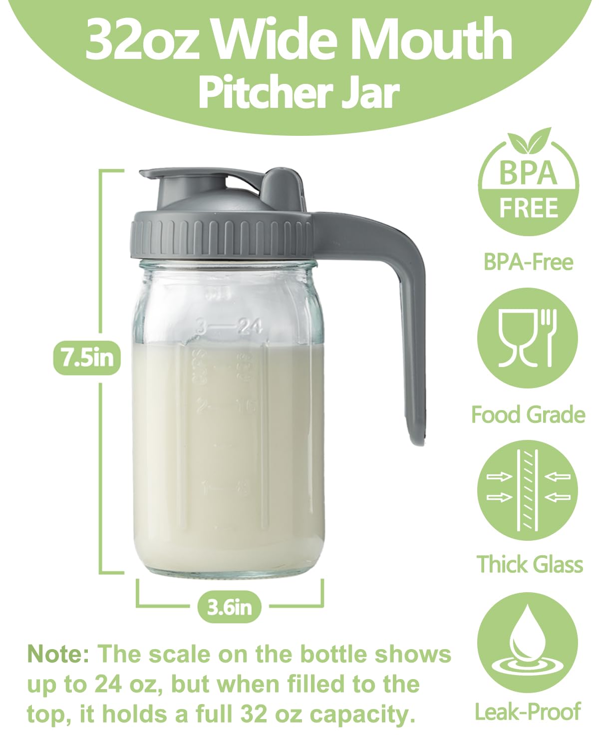 32oz Glass Pitcher with Lid & V-Shaped Pour Spout - 1 Quart Breastmilk Pitcher Double Leak Proof, Creamer Container for Sun Tea, Juice, Cold Brew Coffee, Breastmilk Storage Container