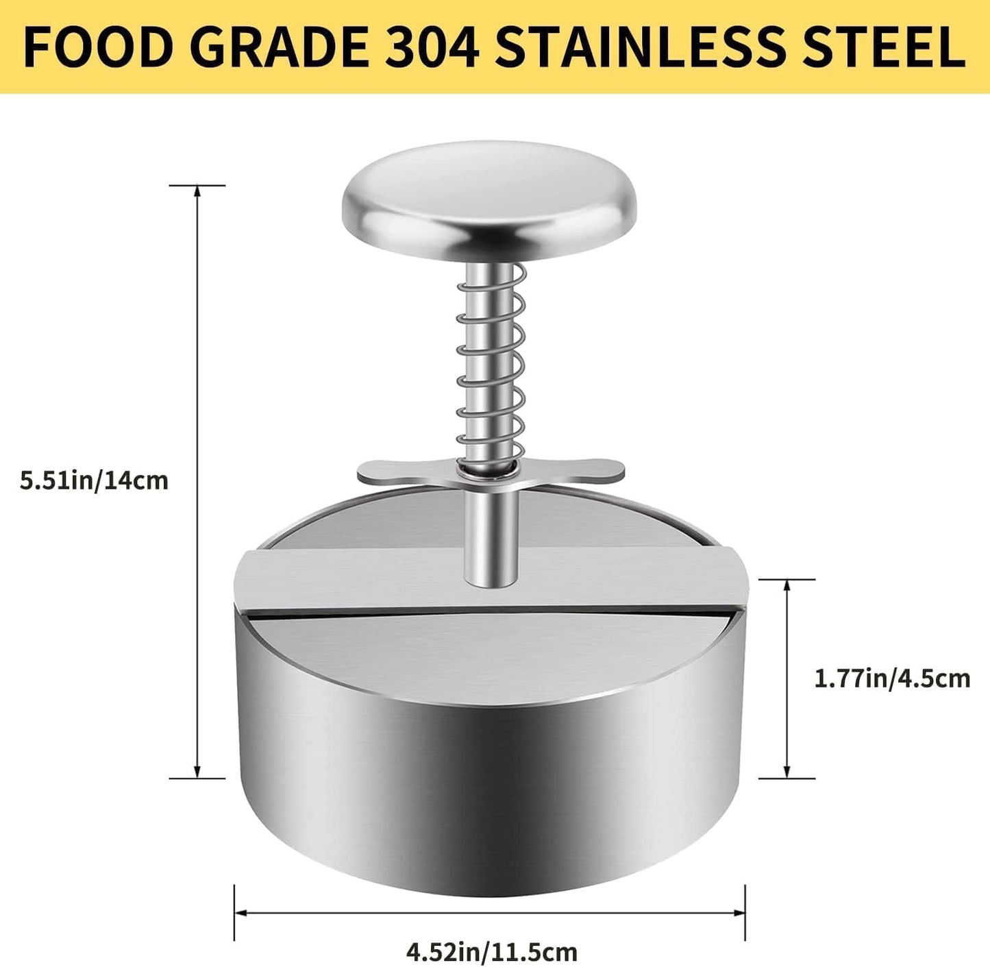XRZXZN 304 Stainless Steel Burger Press - 4.5" Adjustable Hamburger Patty Maker with Non-Stick Mold & Spring Button, Heavy Duty Easy Release for Beef, Burgers, BBQ (Dishwasher Safe & Rustproof)