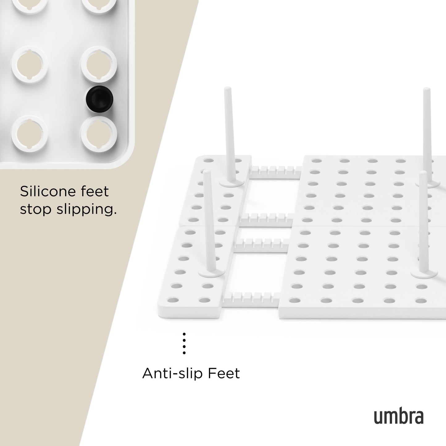 Umbra Peggy Kitchen Drawer Cupboard Organizer Tray - Adjustable Storage System For Food Containers, Cookware, Serveware, Utensils and More, White