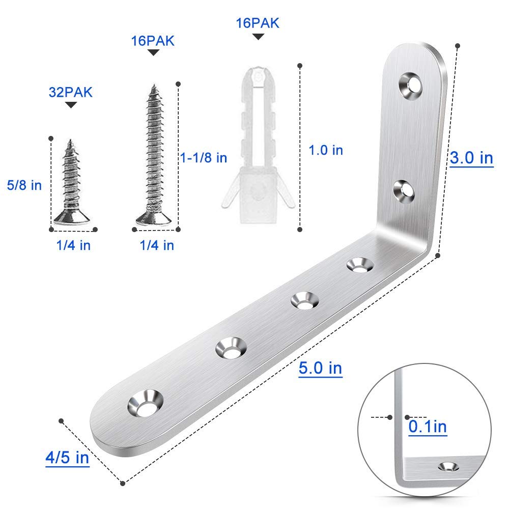 Corner Braces 3 x 5 inch, Right Angle Bracket 304 Stainless Steel with Screws, L Shaped Brackets for Shelves Furniture, 8 Pcs