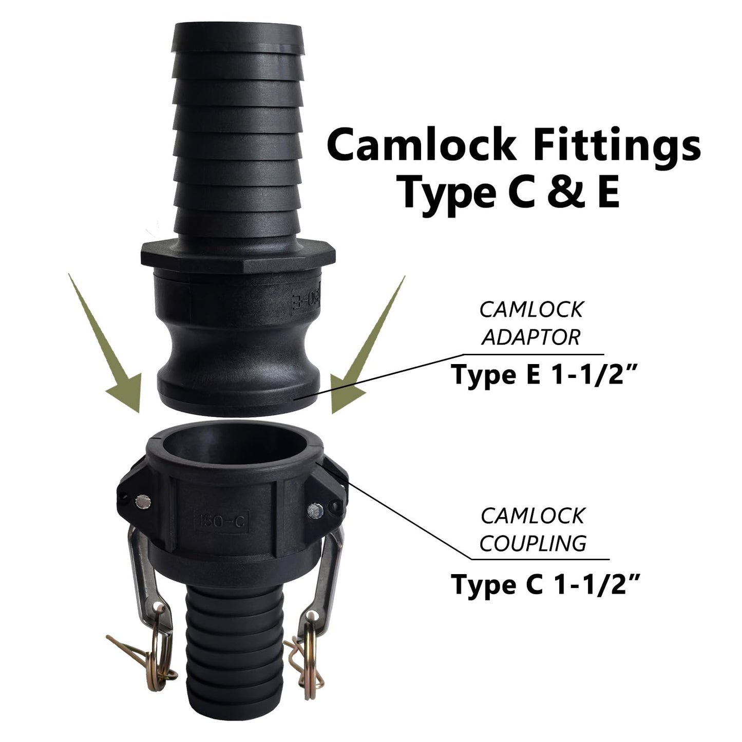 Camlock Fittings 1-1/2 Inch Type C & E Polypropylene Cam and Groove Hose Fitting Kit with 1-1/2" Female & Male Camlock x 1-1/2" Hose Shank (Hose Barb), Cam and Groove Hose Couplings (2 Sets/ 4 Pcs)