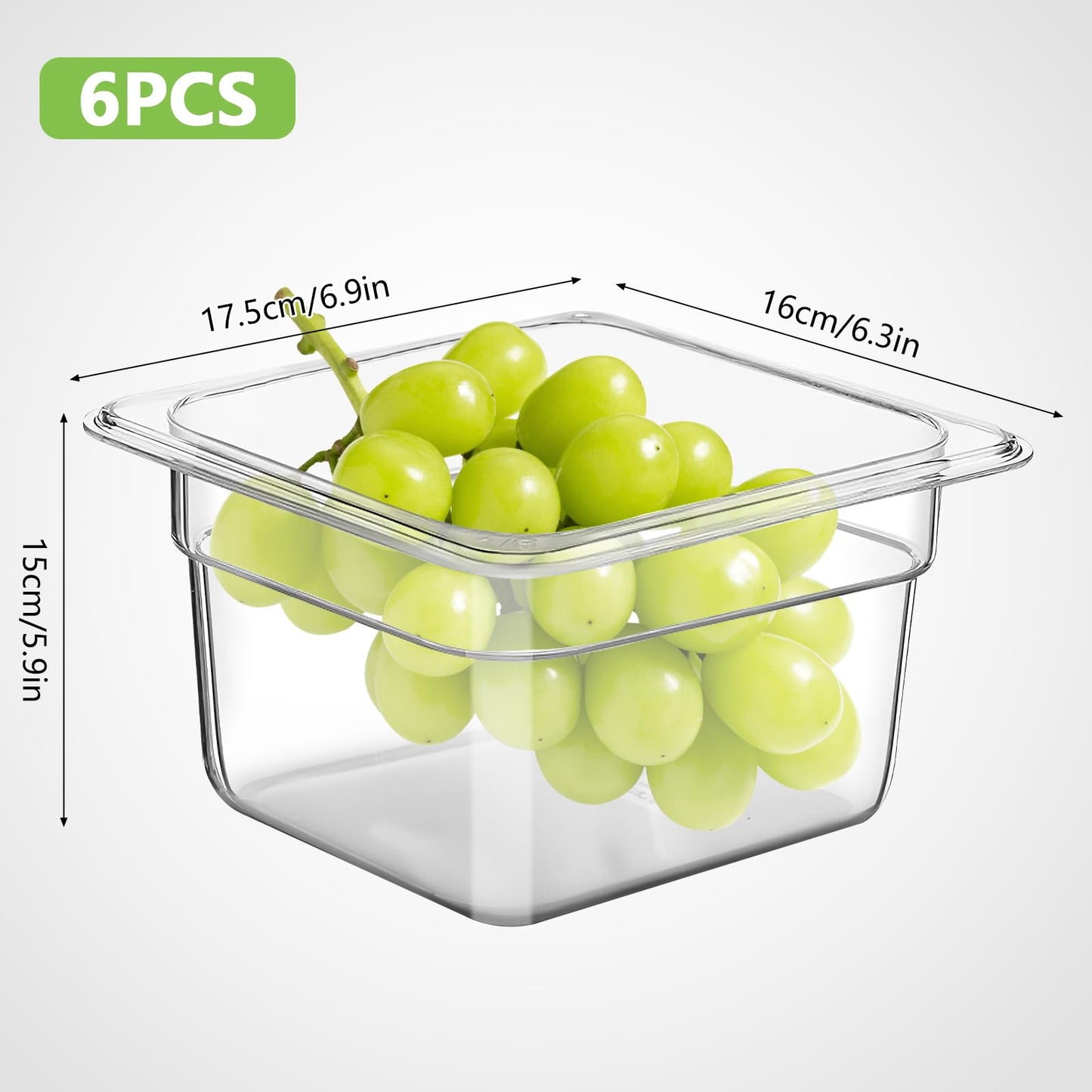 6 Pack NSF 1/6 Size Food Pans 6 Inch Deep, Clear Polycarbonate Commercial Food Storage Containers with Capacity Indicator, Stackable Restaurant Prep Pan 2.35 Qt