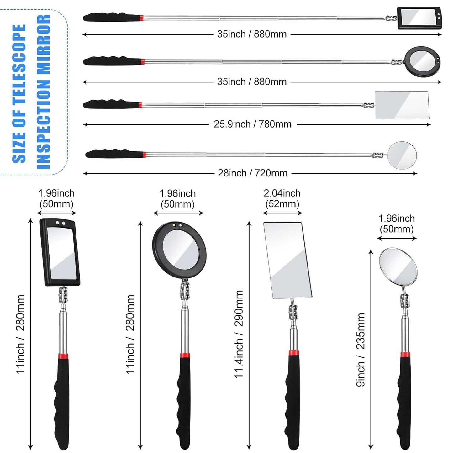 4 Pieces Telescoping Inspection Mirror, LED Lighted Flexible Inspection Mirrors, Extendable Mirror Inspection Tool for Checking and Observing Vehicle Small Parts, Classic Style