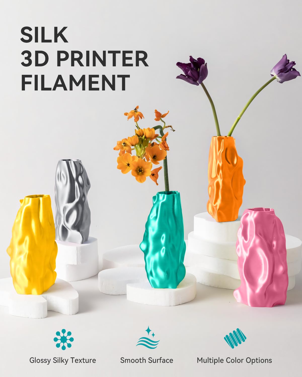 SUNLU Silk PLA 3D Printer Filament, Shiny Silk PLA Filament 1.75mm ±0.02mm, Silky Smooth Finish & Tangle-Free, Reusable Spool Fits Most FDM 3D Printers, 1KG PLA Silk Single Color (Sliver)