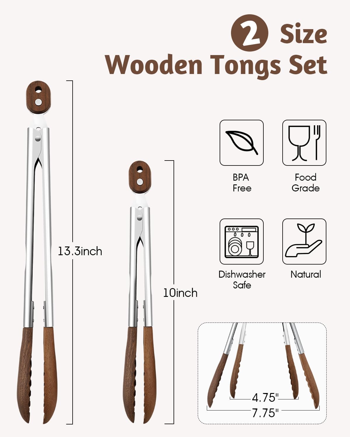 Wooden Tongs for Cooking, 2-Piece 10 & 13 Inch Kitchen Tongs Set with Locking Mechanism, Stainless Steel with Walnut Wood Tips for BBQ, Salad, Serving Utensils — Essential Kitchen & Home Gadget Set