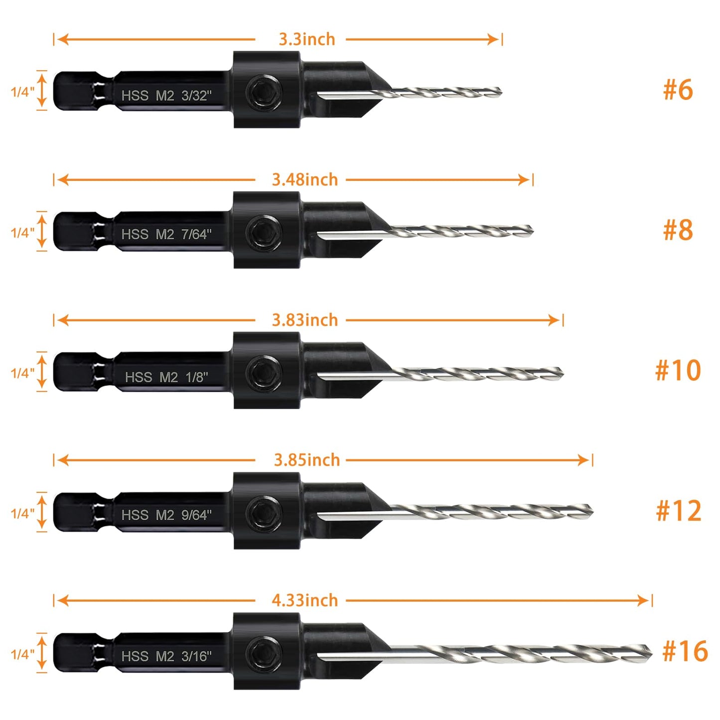 5-pc Woodworking Countersink Counterbore Drill Bit Set 3in1 for #6 8 10 12 16 Screws, M2 Pilot Drill Bits Adjustable Depth, 82-Degree Chamfer with Stop, 1/4” Hex Shank, Includes 2 Allen Wrenches