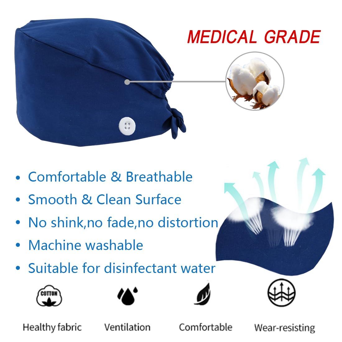 ATHPIK 3pcs Scrub Caps Solid Working Surgical Cap Nurse Hats with Buttons and Sweatband Adjustable Tie Back Hat for Women Men Medical