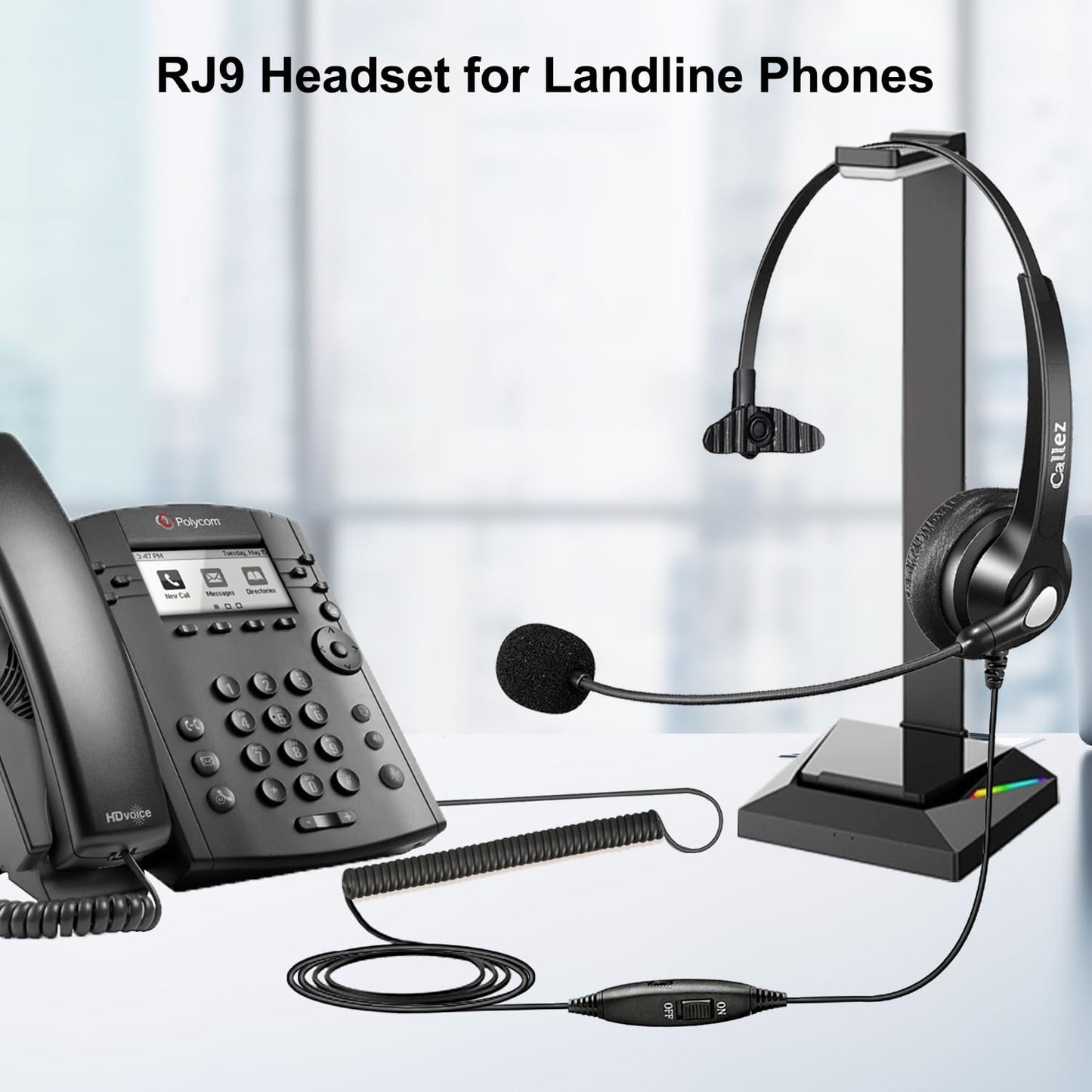Callez Corded Telephone Headset for Polycom Office Phone with Noise Cancelling Mic, RJ9 Mono Phone Headset Compatible with Polycom Plantronics Avaya ShoreTel Digium Landline Deskphones