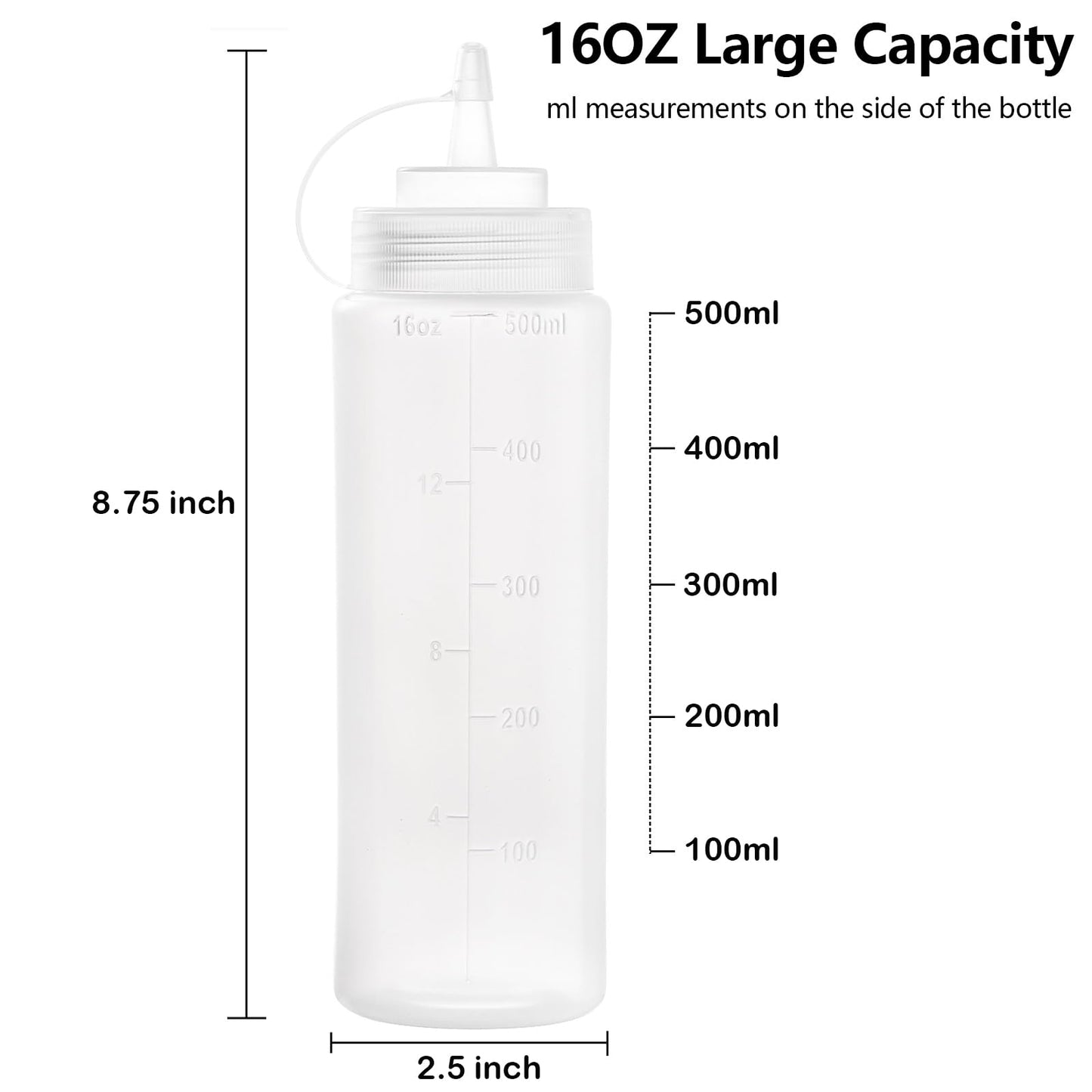 Bekith 12 Pack 16 Oz Plastic Squeeze Condiment Bottles with Twist On Cap Lids and Discrete Measurements, Wide Mouth Empty Squirt Bottle for Sauce, Ketchup, BBQ, Dressing, Paint, Pancake Art Dispenser
