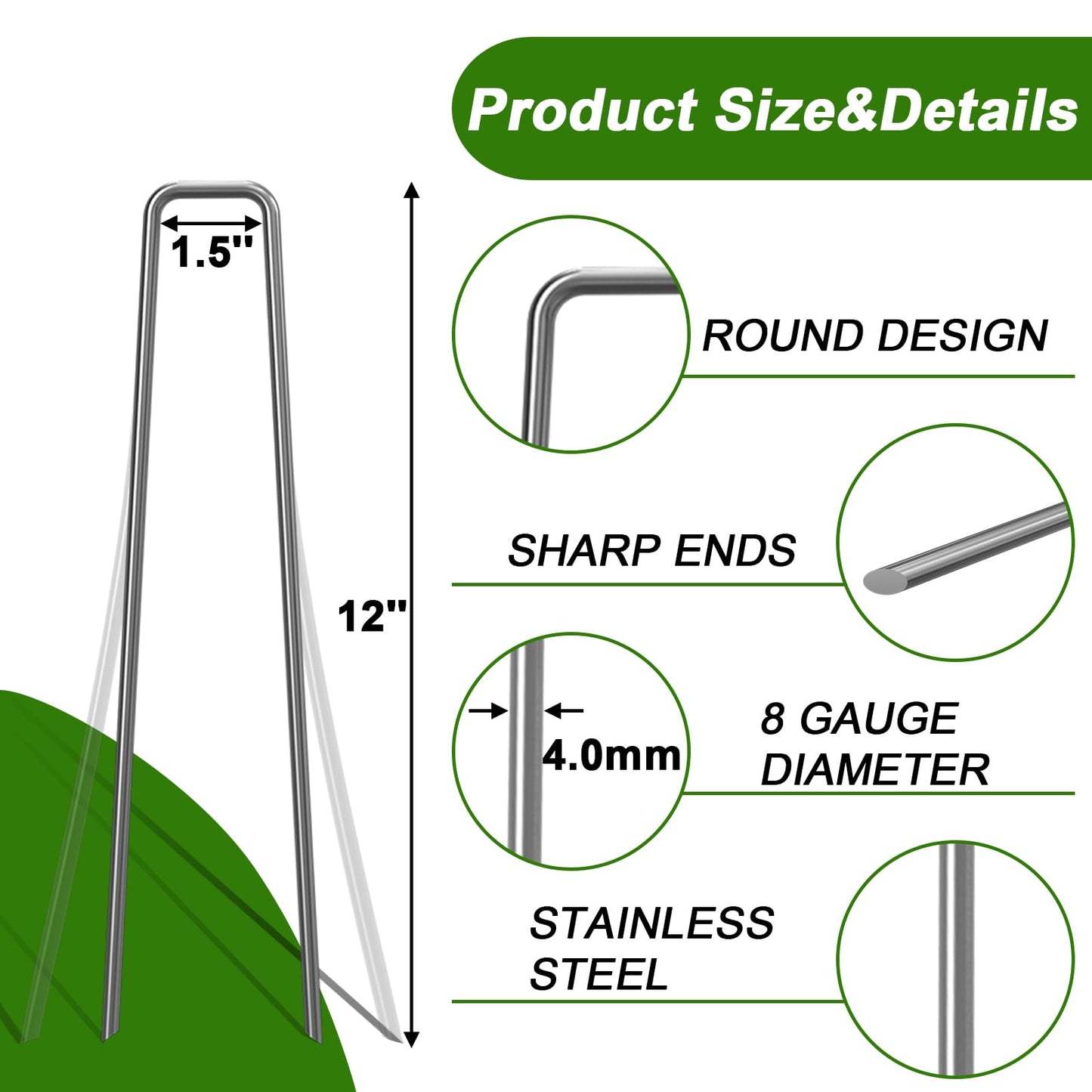 AAGUT 12 Inch 8 Gauge Galvanized Garden Landscape Staples Fence Stakes 20 PCS Anti-Rust Landscape Pins for Secure Lawn Fabric, Weed Barrier Fabric, Ground Cover, Dripper Irrigation Tubing Soaker Hose