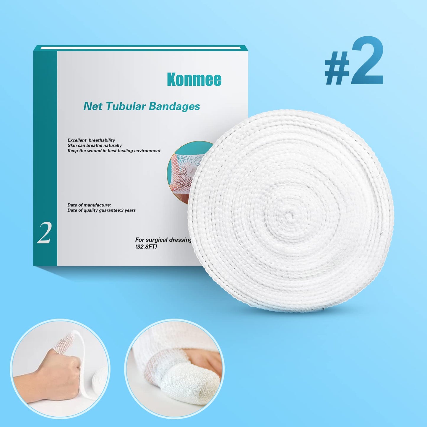 Konmee Size 2 Tube Bandages Fix Net Tubular Bandage Elastic Net Wound Dressing for Thumbs and Toes, 32.8FT Long
