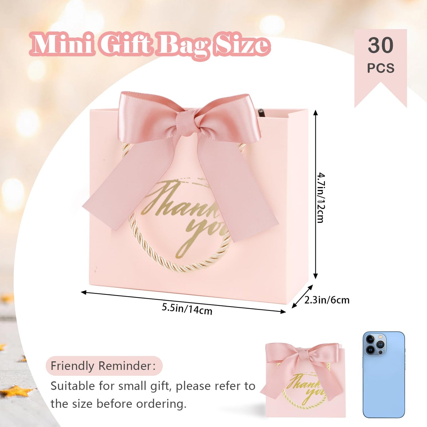 SHAIDOJIO 30Pcs Small Gift Bags Thank You Party Favor Bags Bulk with Handle, Mini Pink Paper Goody Bag with Bow Ribbon, Candy Gift Boxes for Baby Shower Wedding Bridal Shower Birthday (5.5x2.5x4.7in)