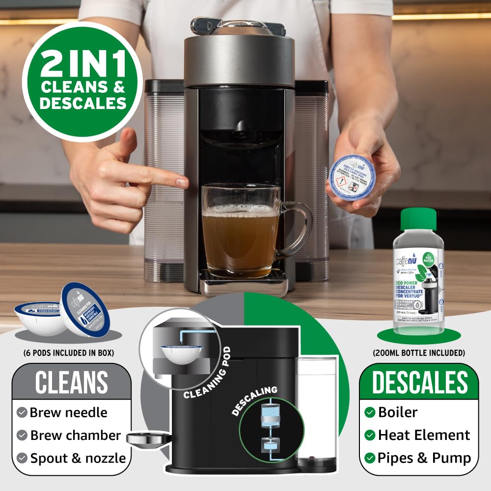 Caffenu Descaling Kit Compatible with Nespresso Vertuo 2 Uses Descaling Solution and 6 Cleaner Pods. Removes Limescale & Cleans Pod Area. Better Tasting & Hotter Coffee. 4 Month Supply.