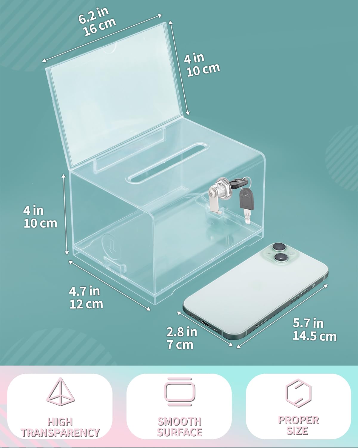 Uniclife 2 Pack Acrylic Donation Box with Lock and Sign Holder 6.2" x 4.7" x 4" Ballot Boxes with Slot Clear Plastic Suggestion Box Storage Container for Fundraising Voting Charity Tip Collection
