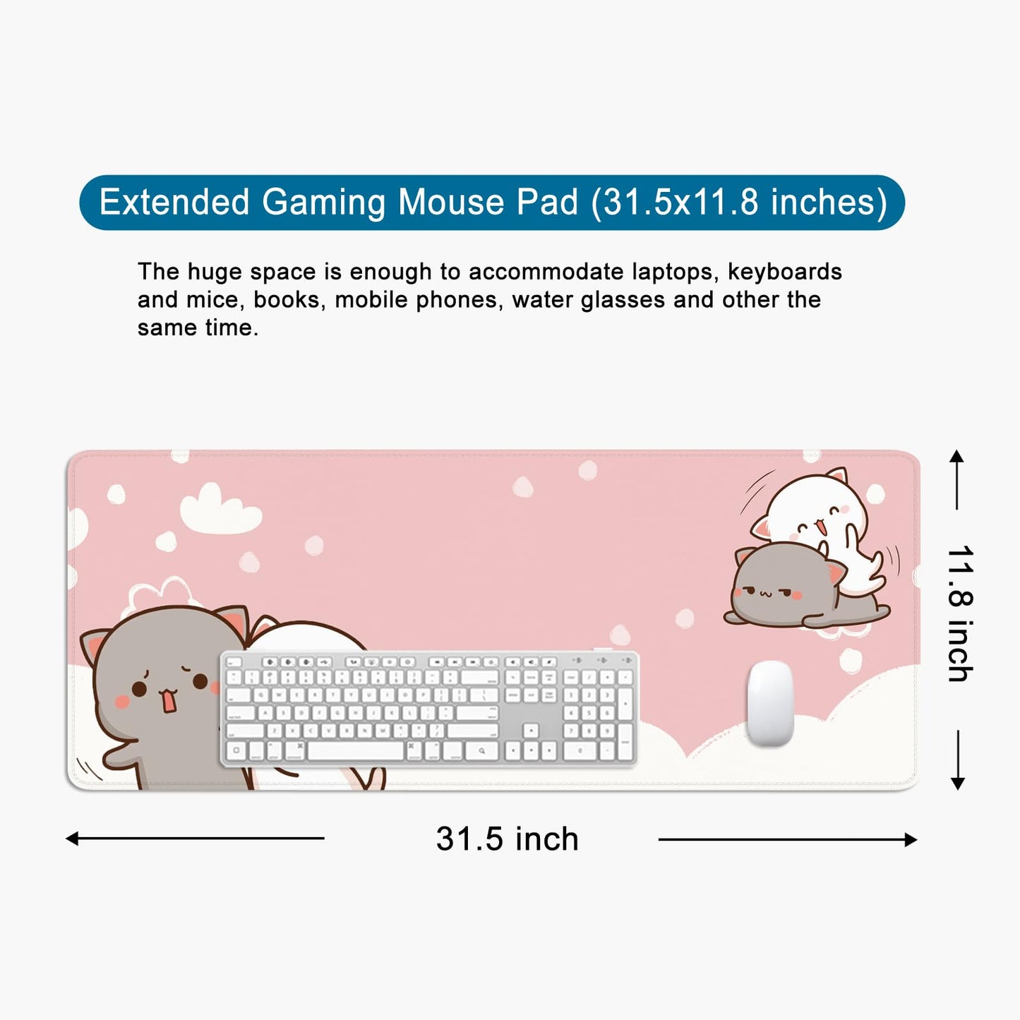 Pink Mouse Pad Cute Cat Large Gaming Mouse Pad Kawaii Keyboard Pad XL Desk Mat 31.5x11.8 inch Large Desk Pad Mouse Mat Pink Office Desk Accessories (Pink Cat -2)