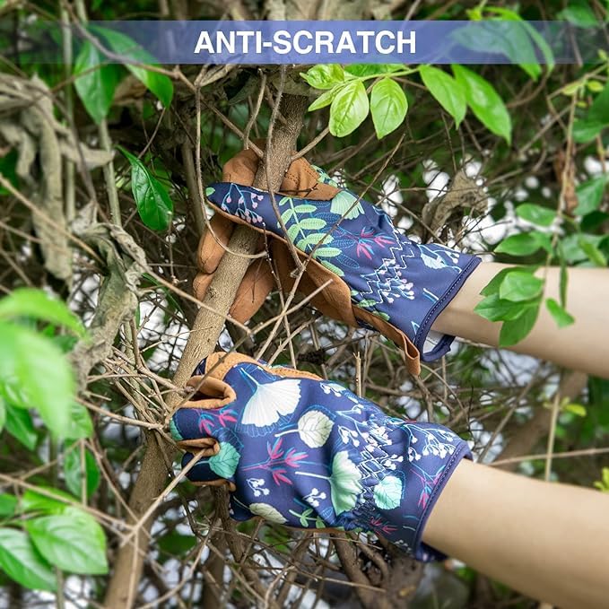 Womens Garden Gloves for Women Womens, Leather Ladies Gardening Heavy Duty Gloves Gifts, Weed Pulling Work Gloves for Planting, Pruning (Deep Blue, Medium)