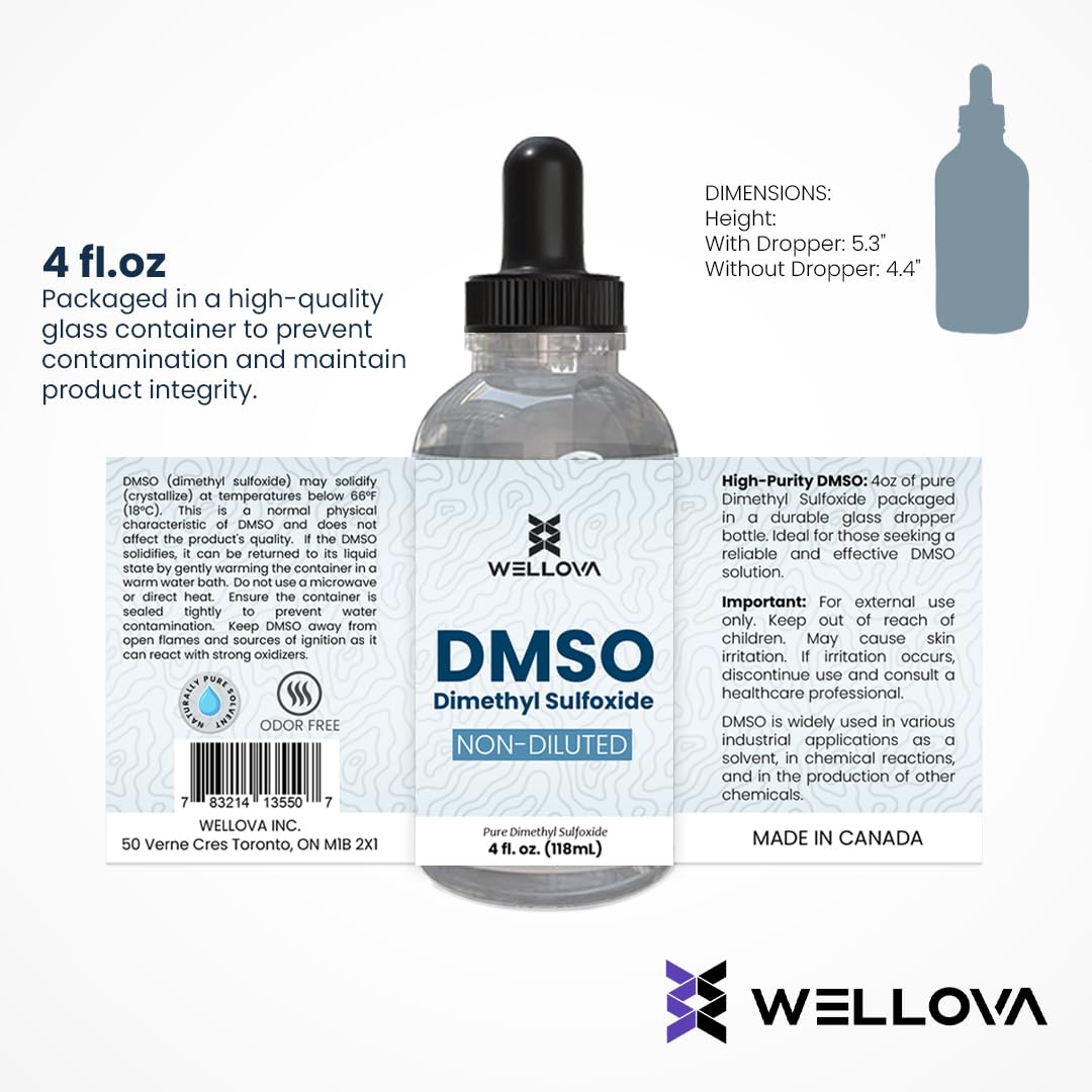Wellova DMSO 99.9% Pharmaceutical Grade with 99.9% Purity & Low Odor - 4oz (Dimethyl Sulfoxide) Clear Glass Bottle with Dropper