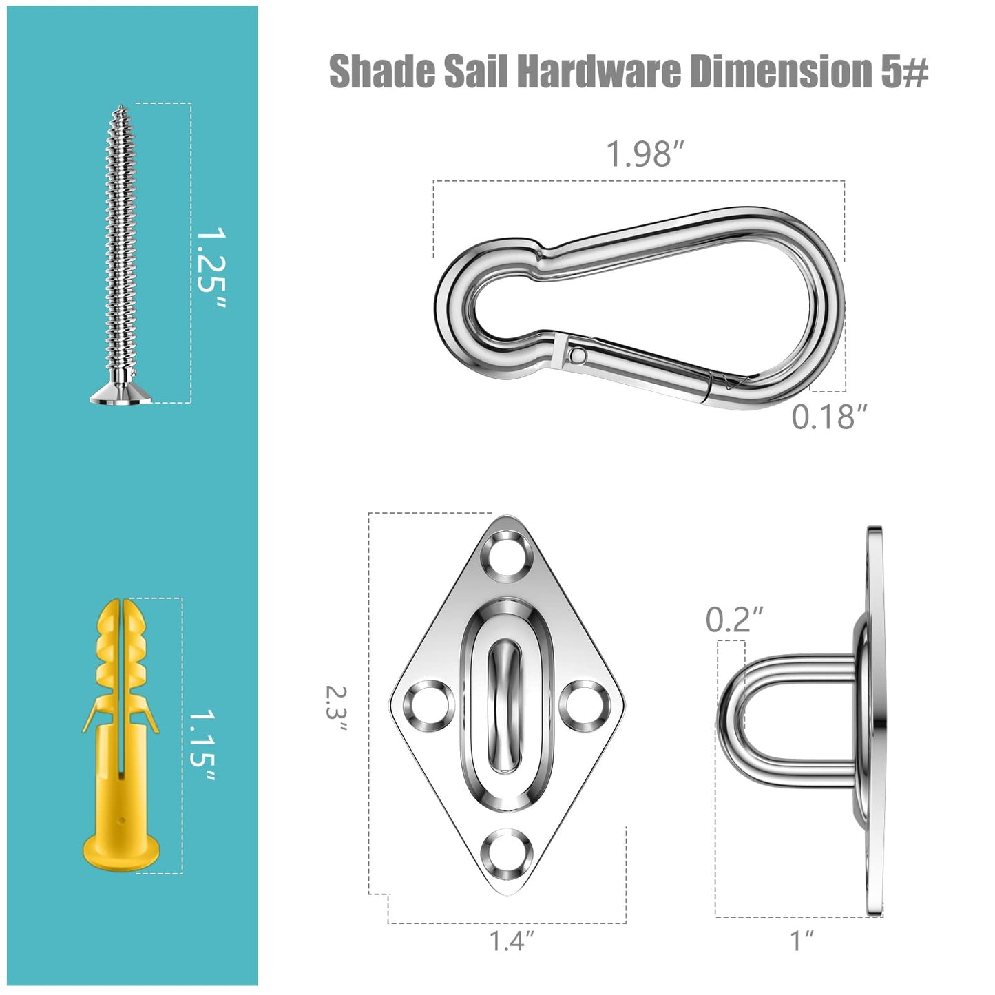 Sun Sail Hardware Kit, 5 Inch 304 Marine Grade Stainless Steel Sun Shade Sail Hardware Kit for Triangle/Rectangle/Square Sun Shade Sails Installation (40 PCS)