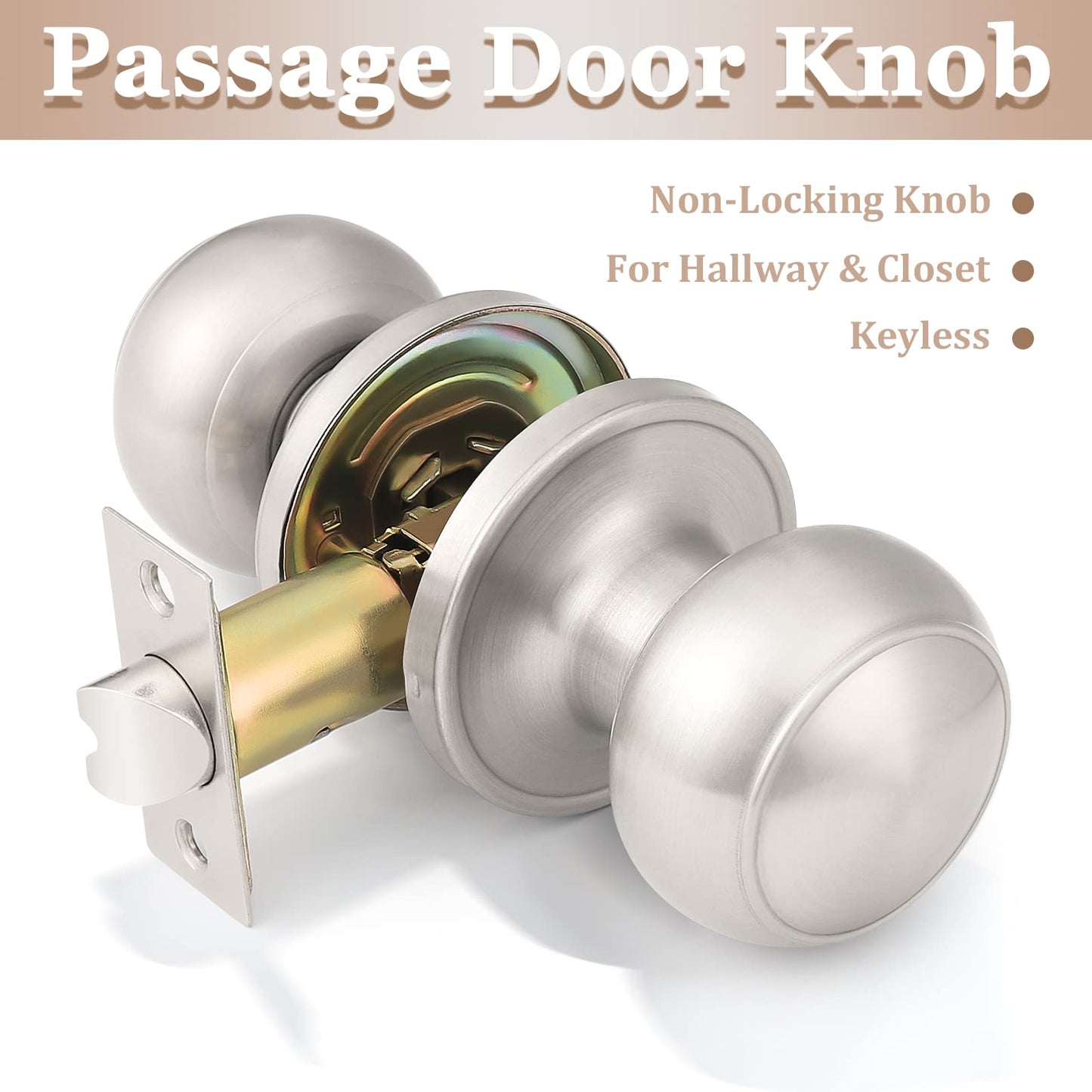 Probrico (2 Pack Round Passage Door Knob(Non-Locking Knobs), Keyless Doorknobs Interior/Exterior Door Knob,Passage Knobs for Hallway/Closet,Satin Nickel Finish Modern Design Door Hardware