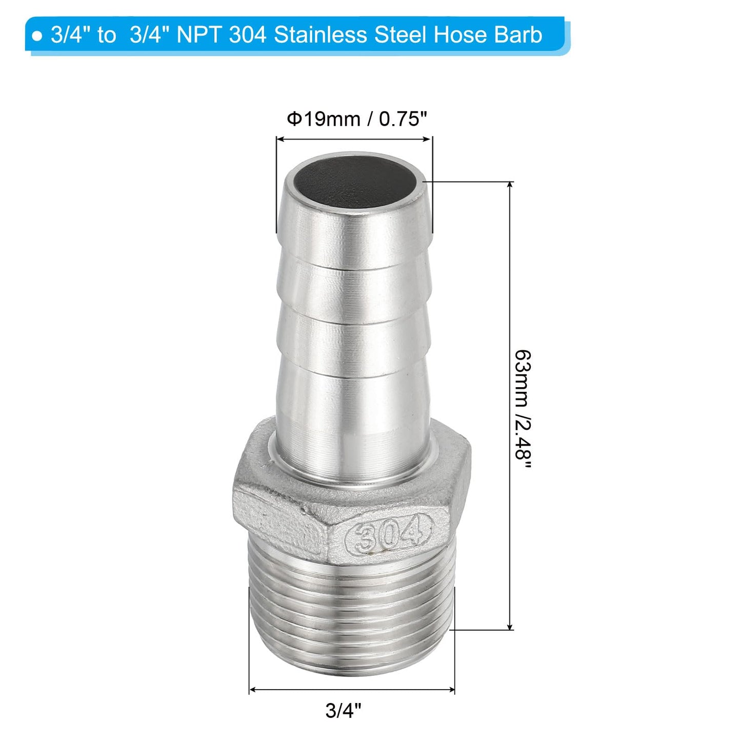 PATIKIL 304 Stainless Steel Barb Hose Fitting, 2 Pack 3/4" Hose Barb x 3/4" NPT Thread Pipe Connector Adapter Quick Fittings for Bore Air Water Connecting