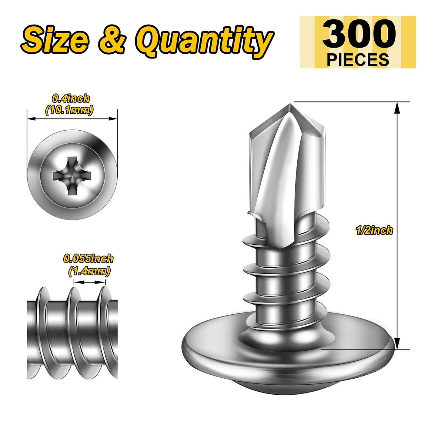 Mywish 300pcs #8×1/2" Self Tapping Screws for Metal, Sheet Metal Screws 410 Stainless Steel Truss Head Self Drilling Screws High-Strength Quick Tapping
