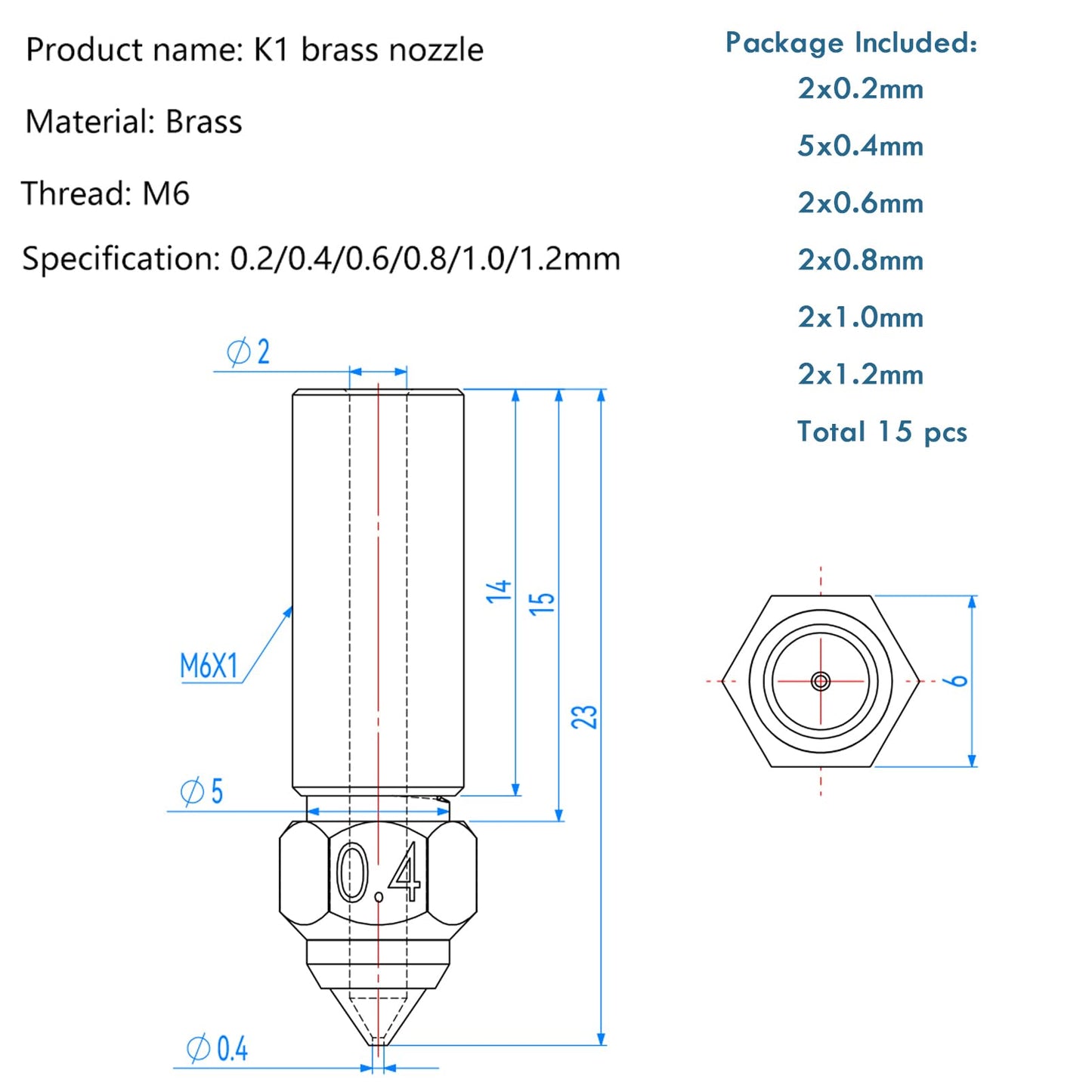 15PCS K1 Brass Nozzles Kit, 3D Printer High Speed 5PCS 0.4mm Nozzles and 2PCS 0.2mm, 0.6mm, 0.8mm, 1.0mm, 1.2mm Nozzles Kit for K1, K1 Max, Ender 3 V3 KE