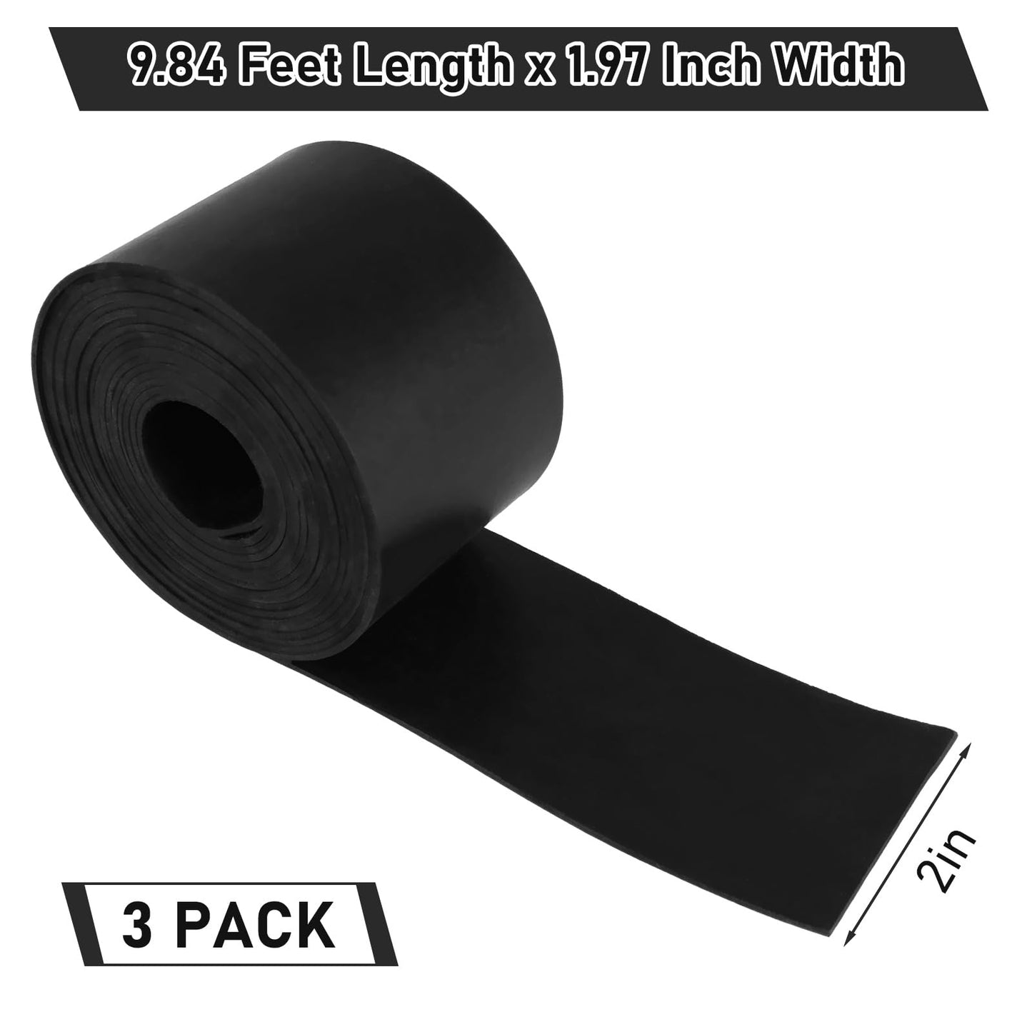 RHBLME 3 Pack Rubber Strips, 1/16" Thick x 2" Wide x 10' Long Rubber Roll, Neoprene Rubber Sheet for Anti-Vibration, Anti-Slip Pads, Seals, Crafts, Flooring, Gaskets DIY, and More