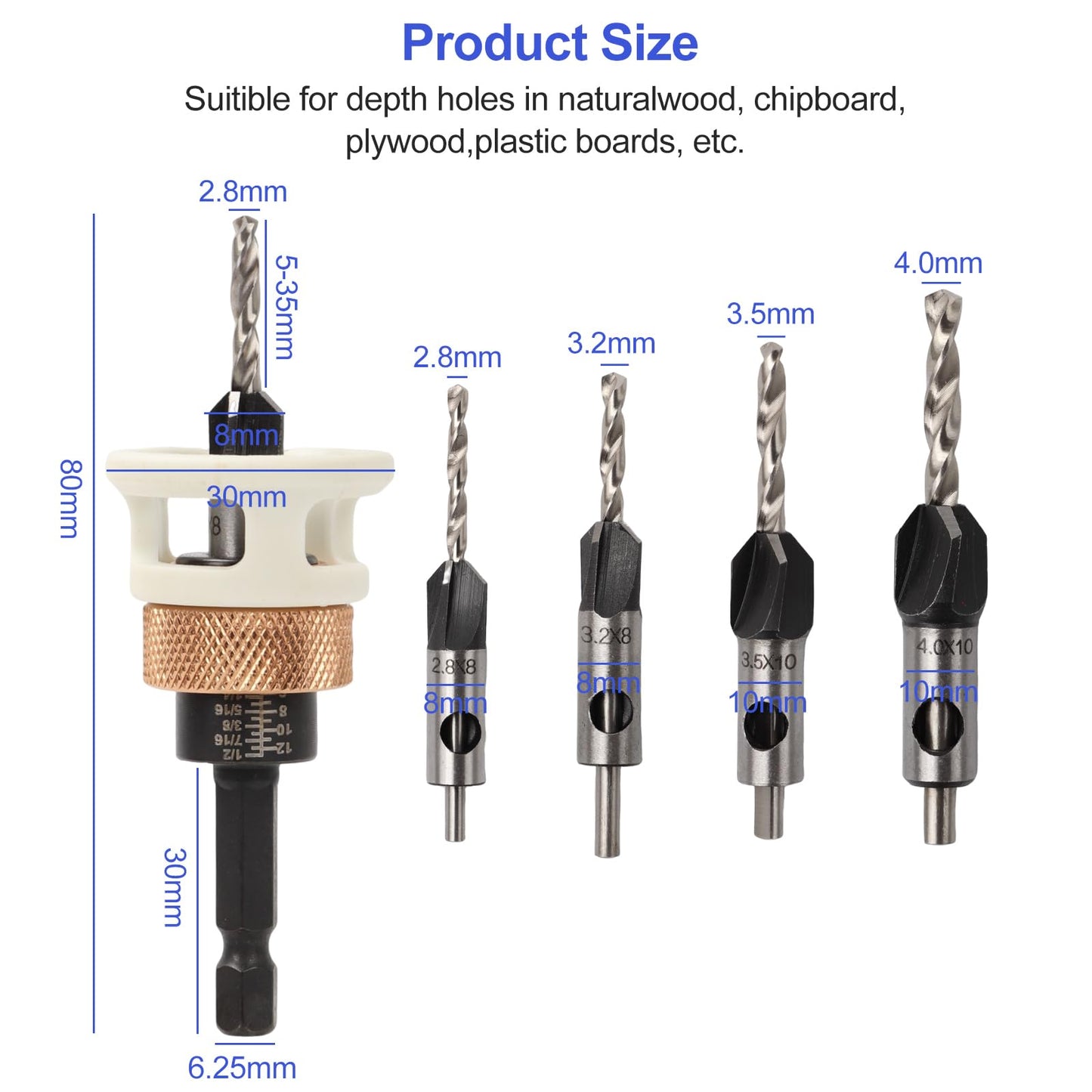 4PCS Countersink Drill Bit Set, Woodworking Countersink Drill Bit with Adjustable Depth Stop and Allen Wrenches, Quick Change Hex Shank Drill Bits Woodworking Tools 82-Degree Chamfer (A)
