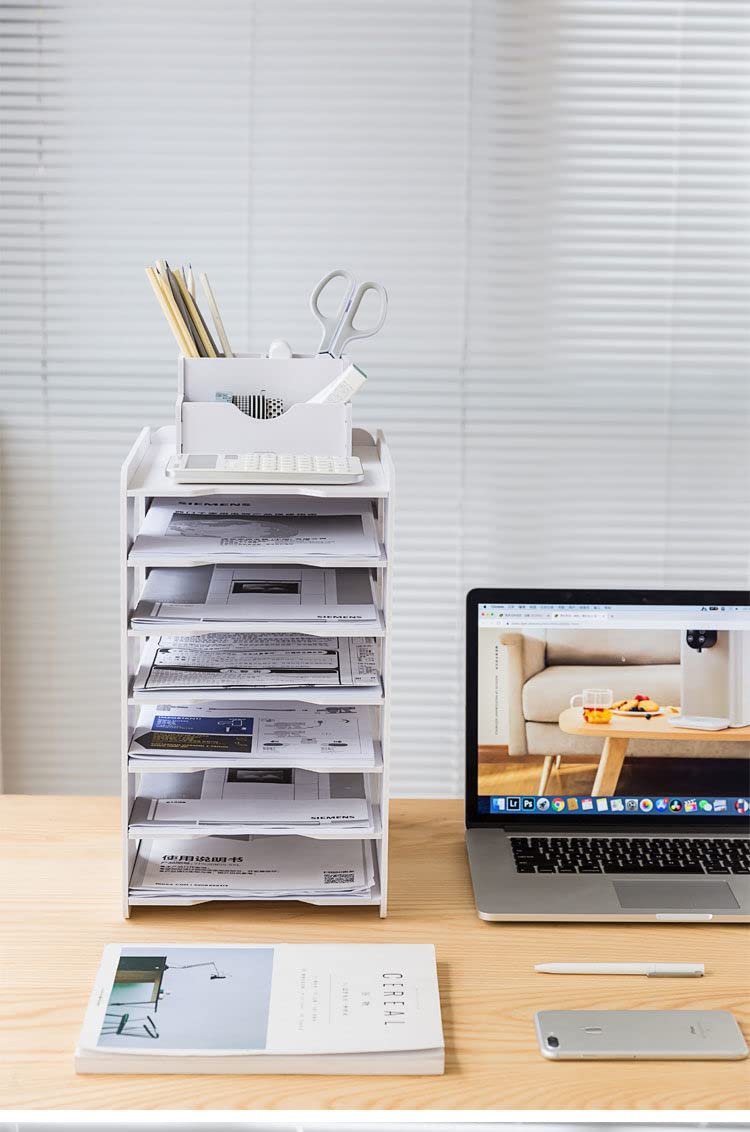 YHLZLW Paper Organizer for Desk,White Desk Organizers and Storage File Holder,Letter Tray and A4 Paper Holder for Office Home and School Classroom (Size:7-Tier)(White, 7-Tier)