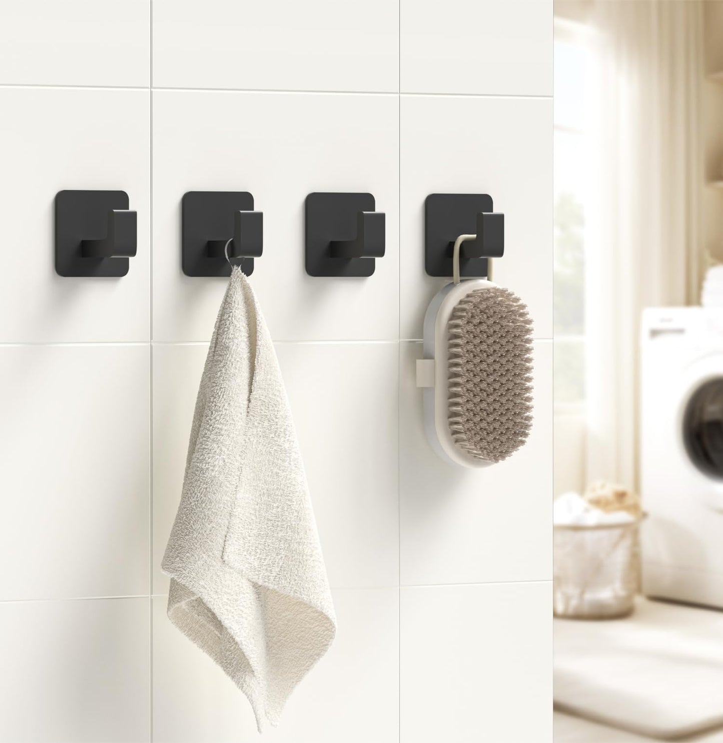 Square Self Adhesive Towel Hooks - 6 Pack White Stylish Hooks for Hanging Towels, Robes, Hats, and Keys in Bathrooms, Closets, Cabinets, and Behind Doors