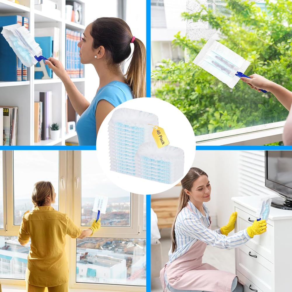 40 Pack Disposable Duster Refills Kit Compatible with Swiffer Dusters 180 Degree Extendable Handle Dusters for Cleaning Home, Office, Blinds, Ceiling (Rodless)