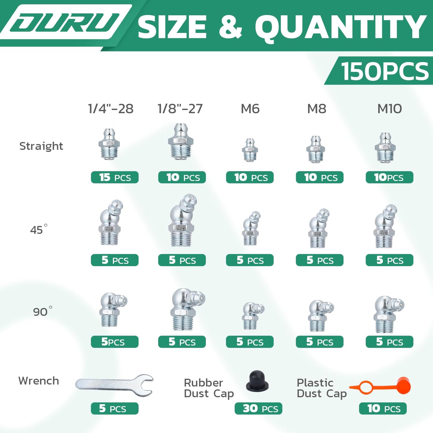 OURU 150PCS Grease Fittings Assortment, SAE & Metric Zerk Grease Fittings Straight 45 90 Degree with Grease Fitting Caps & Wrench Kit(7-11mm) for Grease Gun