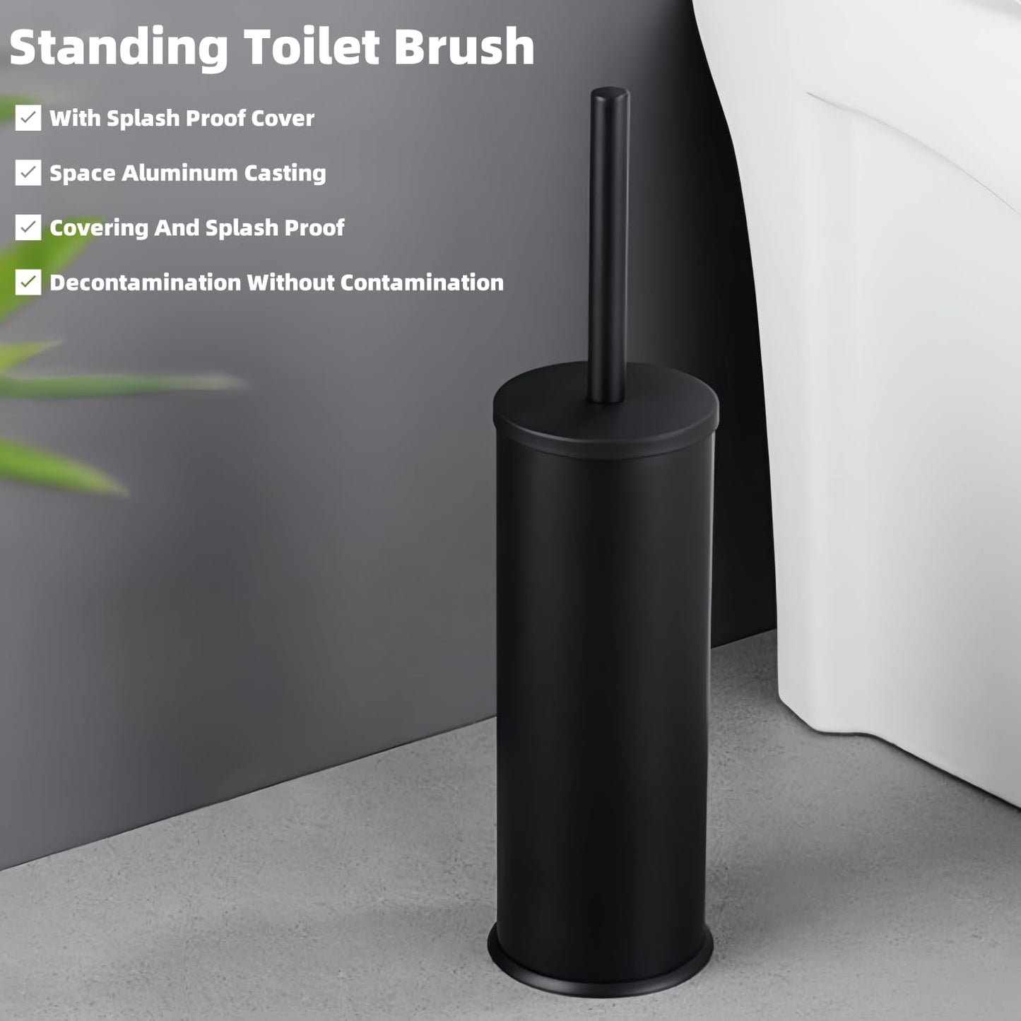 Standing Toilet Brush,Toilet Bowl Brush Holder Set,Bathroom Deep Cleaning Toilet Scrubber Rim Cleaner,304 Stainless Steel Toilet Clean Decorative Accessories for Toilet Cleaning (Matt Black) 