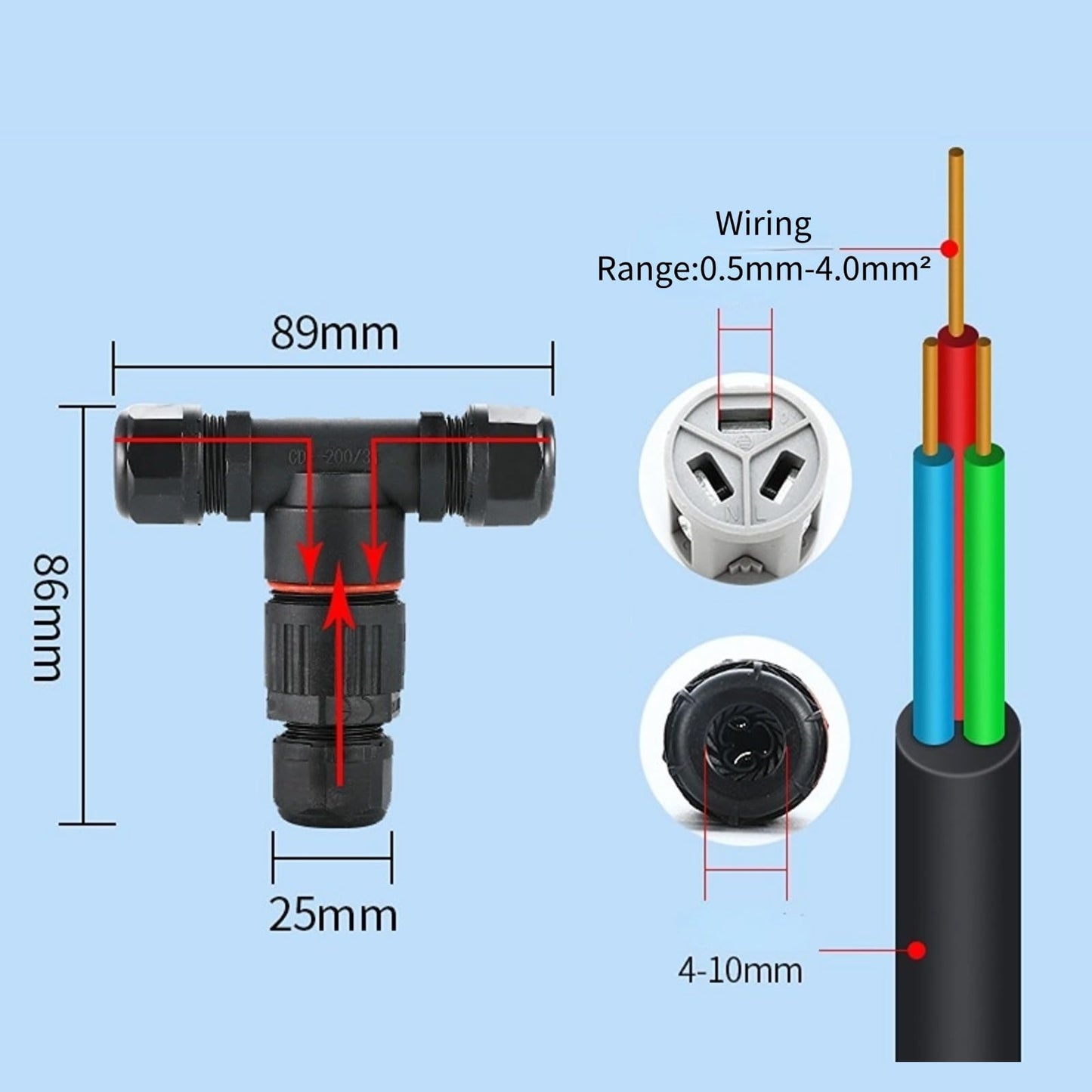 Walfront 3Pcs IP68 3 Way Waterproof Connector, Electrical Cable T Shape Outdoor Junction Box for Outdoor LED Deck Light Wire Range Ø5-10mm