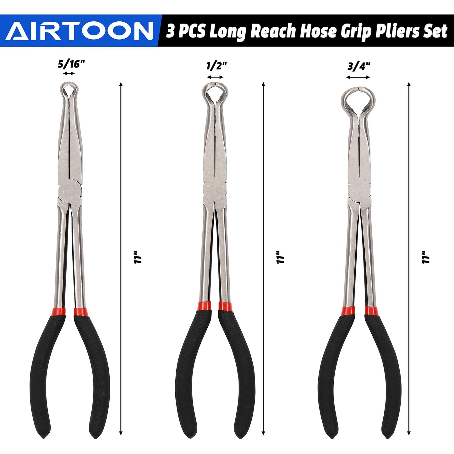 AIRTOON 3PC 11" Hose Gripper Plier Set, Spark Plug Removal Pliers, 5/16", 1/2" and 3/4" Hose Gripping Pliers for Easy Removal and Installation of Automotive Hoses and Fittings