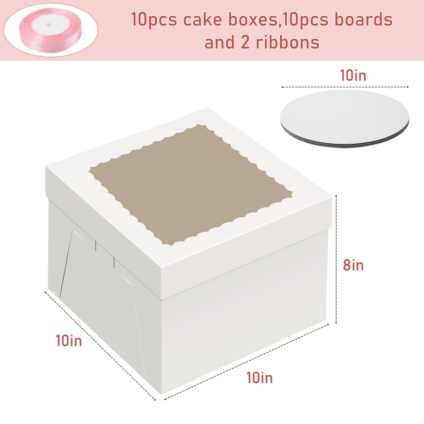 NIKONIKO 10x10x8 inch Cake Box, 10pcs Bakery Boxes with Window and 10pcs Boards, White Cookie Boxes, Disposable Cake Containers for Cookies, Macaroons and Pies