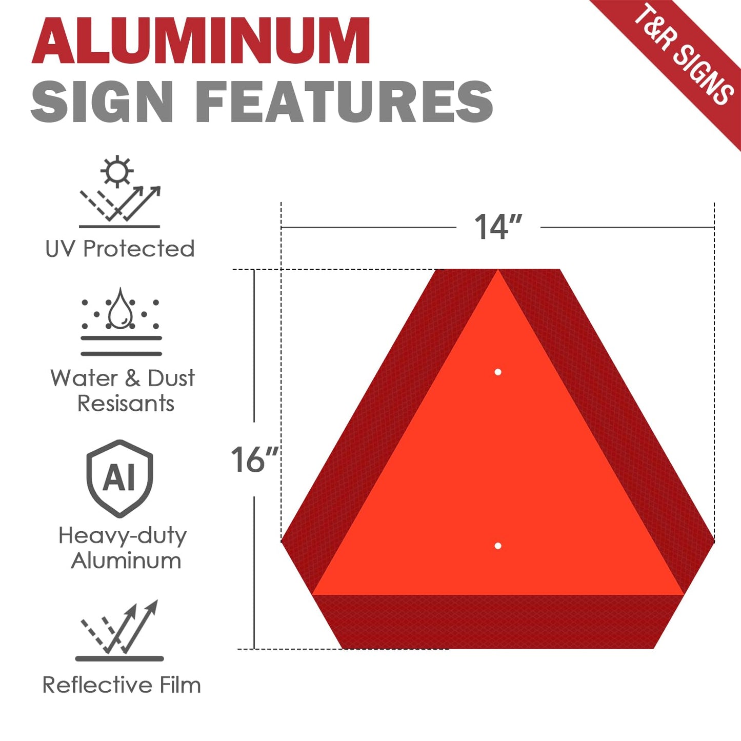T&R Metal Slow Moving Vehicle Sign, Safety Triangle Sign - 2 Pack - 14 x16 Inches - Reflective, UV Protected, Waterproof, Weatherproof and Fade Resistant Up to 7 Years Outdoor for Golf Cart Tractor