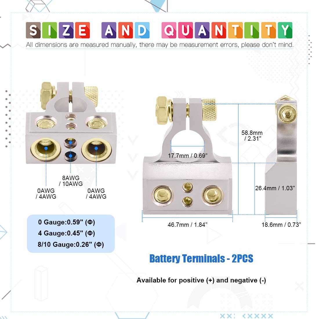 Glarks 8Pcs Car Battery Terminals Connectors 0/4/8/10 Gauge Battery Terminals with Heavy Duty Wire Ring Terminal Connectors for Car, Vehicle, RV and Boat Use