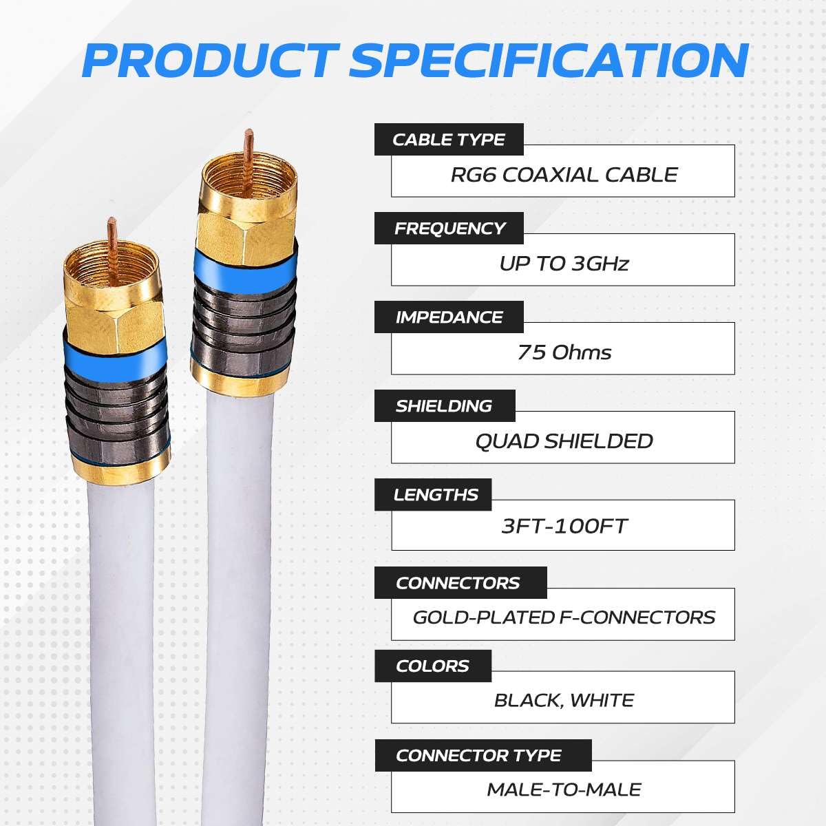 Cables Direct Online 50ft White Quad Shield RG6 Coaxial Cable, F Pin and BNC Extension Wire for Satellite Dish, Cable TV, Antenna - Digital HD 3GHz Coax Cord with Weatherproof Connectors