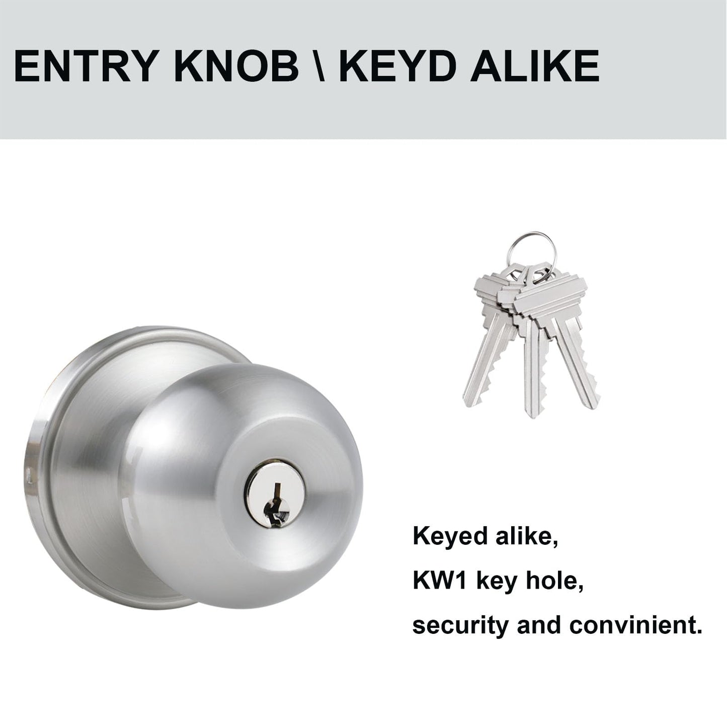 Comfhouse 2 Pack Stainless Steel Round Ball Entry Door Knob, Keyed-Alike Entrance Interior/Exterior Door Knob with Lock for Bedroom Bathroom, Front Entry Door Knobs with Lock Same Key, Satin Nickel