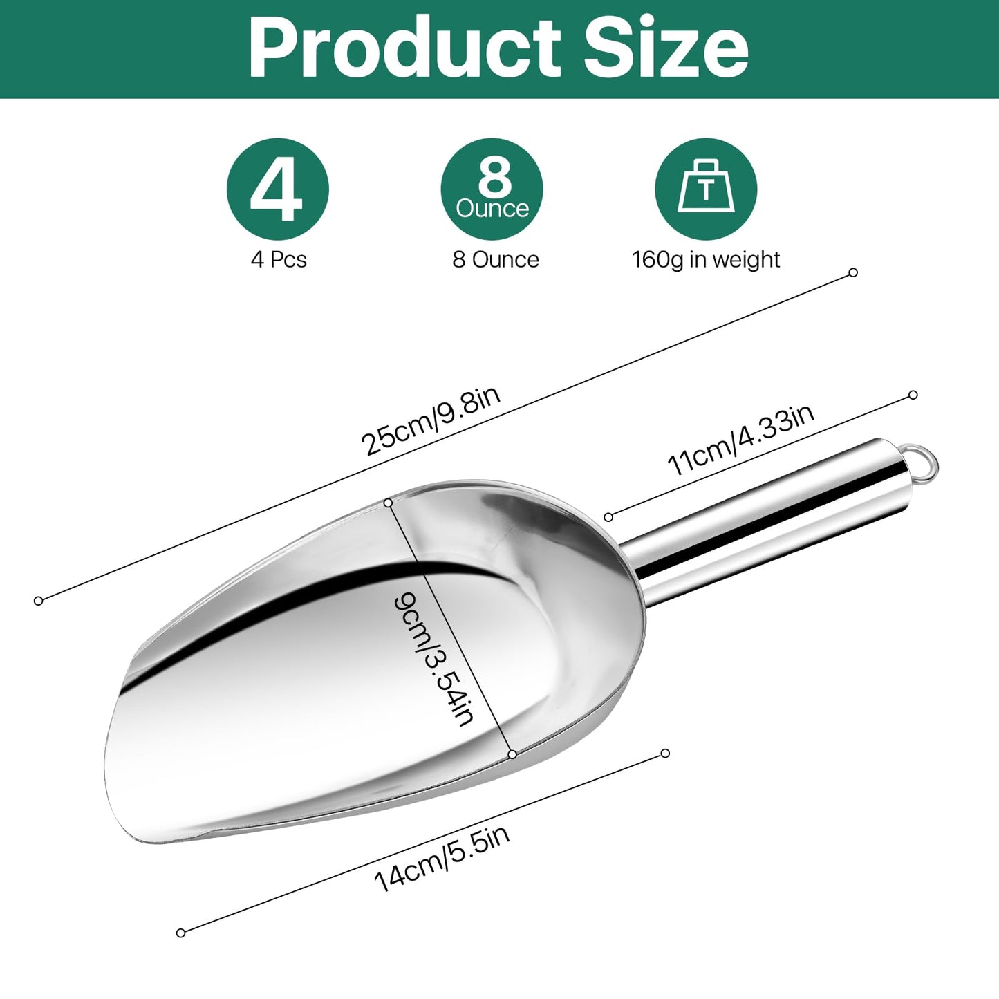 Akamino 8 Ounce Ice Scoop Set of 4, Stainless Steel Food Scoop for Kitchen Bar Party, Mirror Polished Metal Scoop Utility Scooper for Ice Cube,Coffee Bean,Candy, Cereal,Flour,Popcorn-Dishwasher Safe