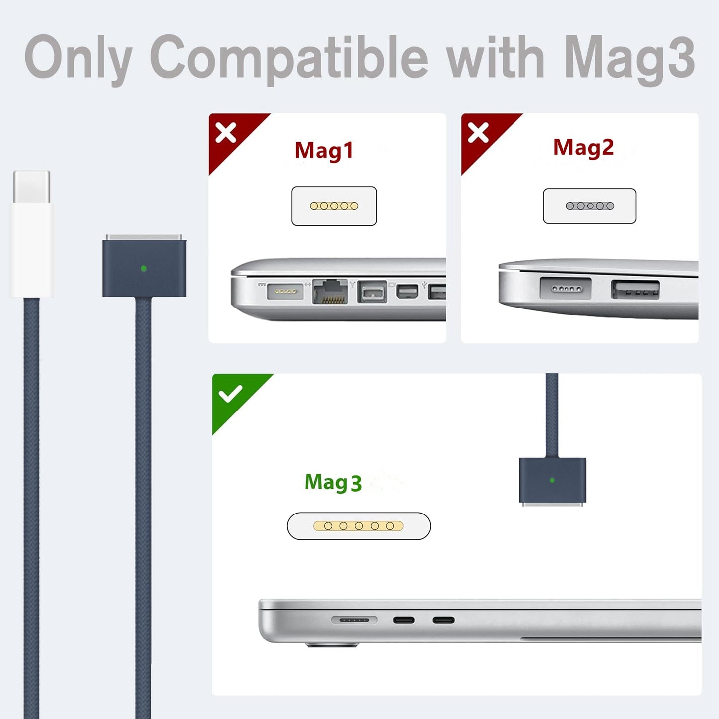 140W USB-C to Magnetic 3 Cable(2m/6.6ft),Compatible with MacBook Air 2023/2022,MacBook Pro 2023(M1,M2,M3,M4 13-16 inch),MacBook Pro Charger Cord(M2,M3,M4) 1