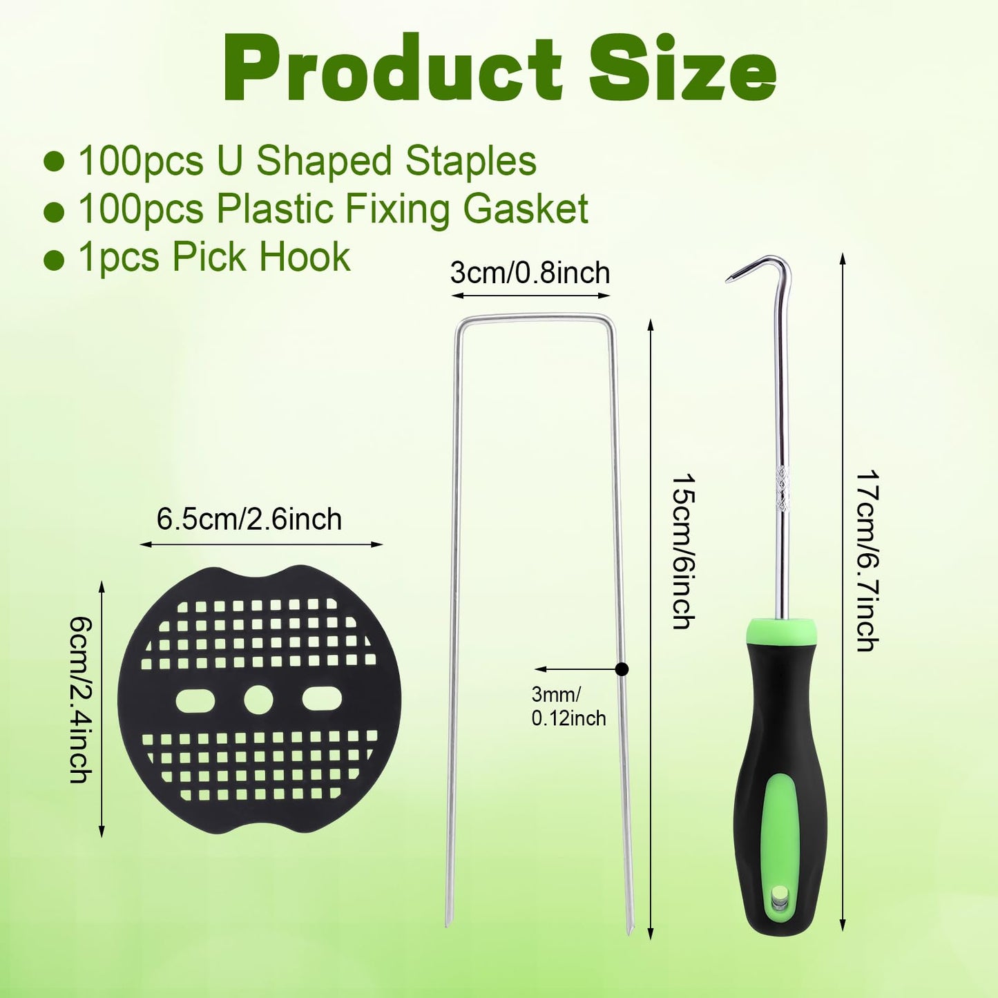 201 Pcs Garden Stakes Staples Kit, 100 Pcs 6 Inch U Shaped Landscape Staples with 100 Pcs Gaskets and 1 Pcs Pick Hook, Galvanized Ground Stakes for Weed Barrier Fabric, Ground Cover, Holding Fence