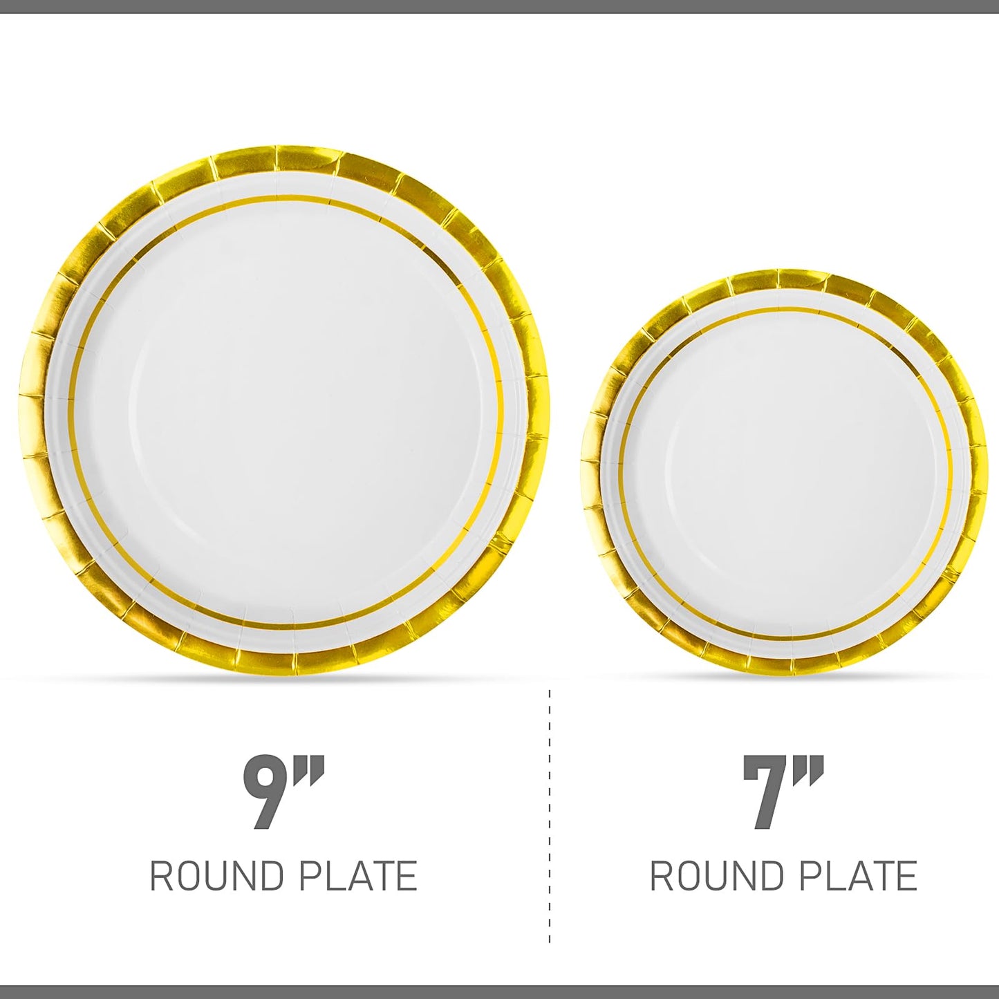 100 Pieces Gold Rimmed Plates Bulk, Heavy Duty Disposable Paper Plates Round Party Plates, 9 Inch Dinner Plates & 7 Inch Dessert Plates for Wedding, Birthday, Baby Showe