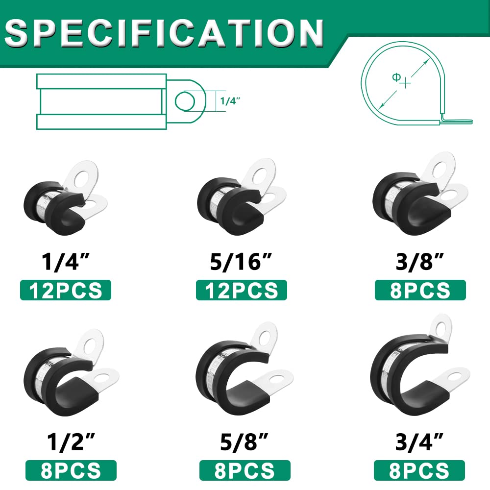 OURU 56PCS Cable Clamps Assortment Kit,6 Sizes—1/4" 5/16" 3/8" 1/2" 5/8" 3/4" Stainless Steel Rubber Coated Cushioned Insulated Cable Clamp,Automotive Cable Wire Clamps,Pipe Clamps,Metal Clamp