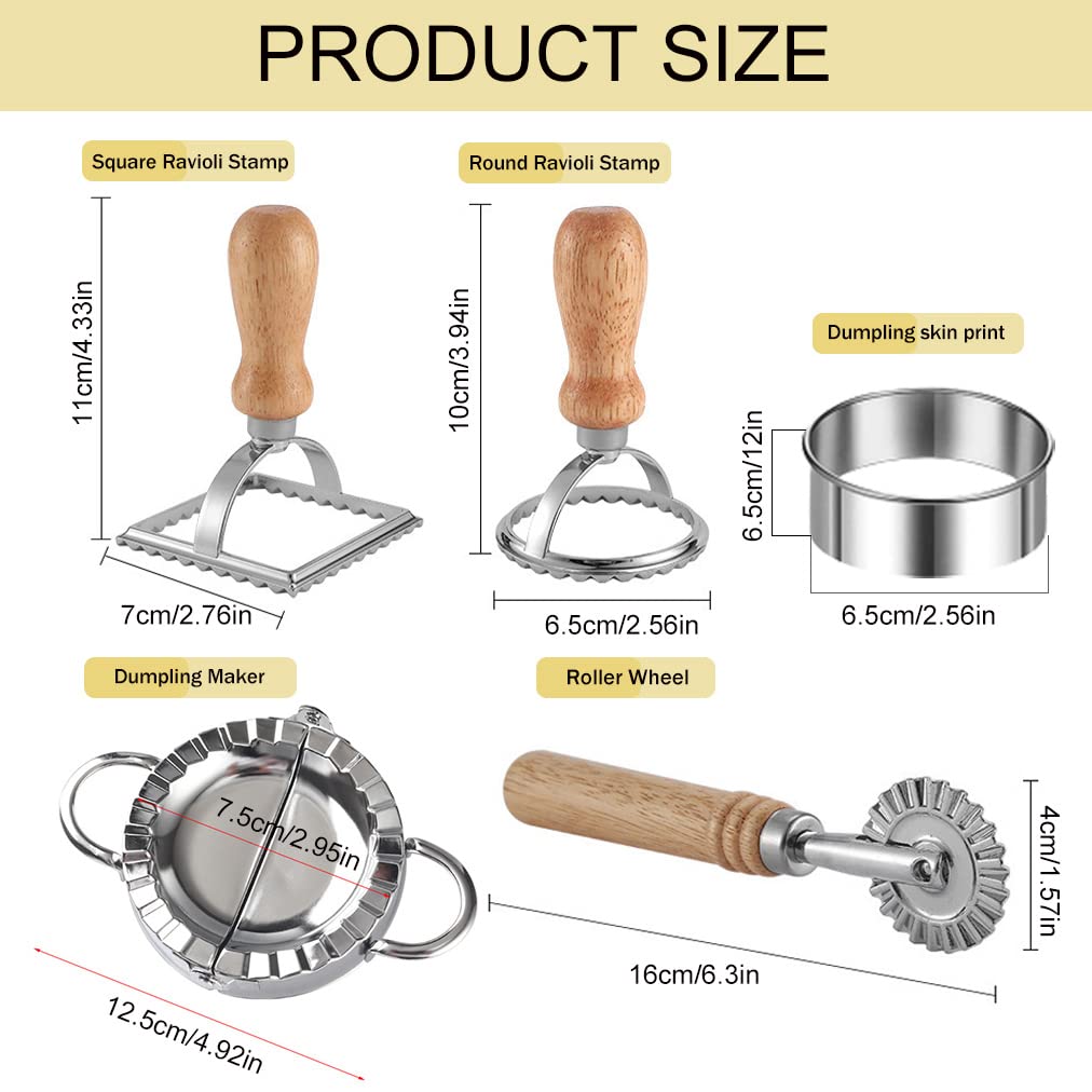 Ravioli Stamp Maker Pasta Cutter Set of 5, Ravioli Mold with Wooden Handle and Fluted Edges, Pasta Press Wheel Pasta Maker Tools for Making Dumplings, Pierogi (Silver+Wood)