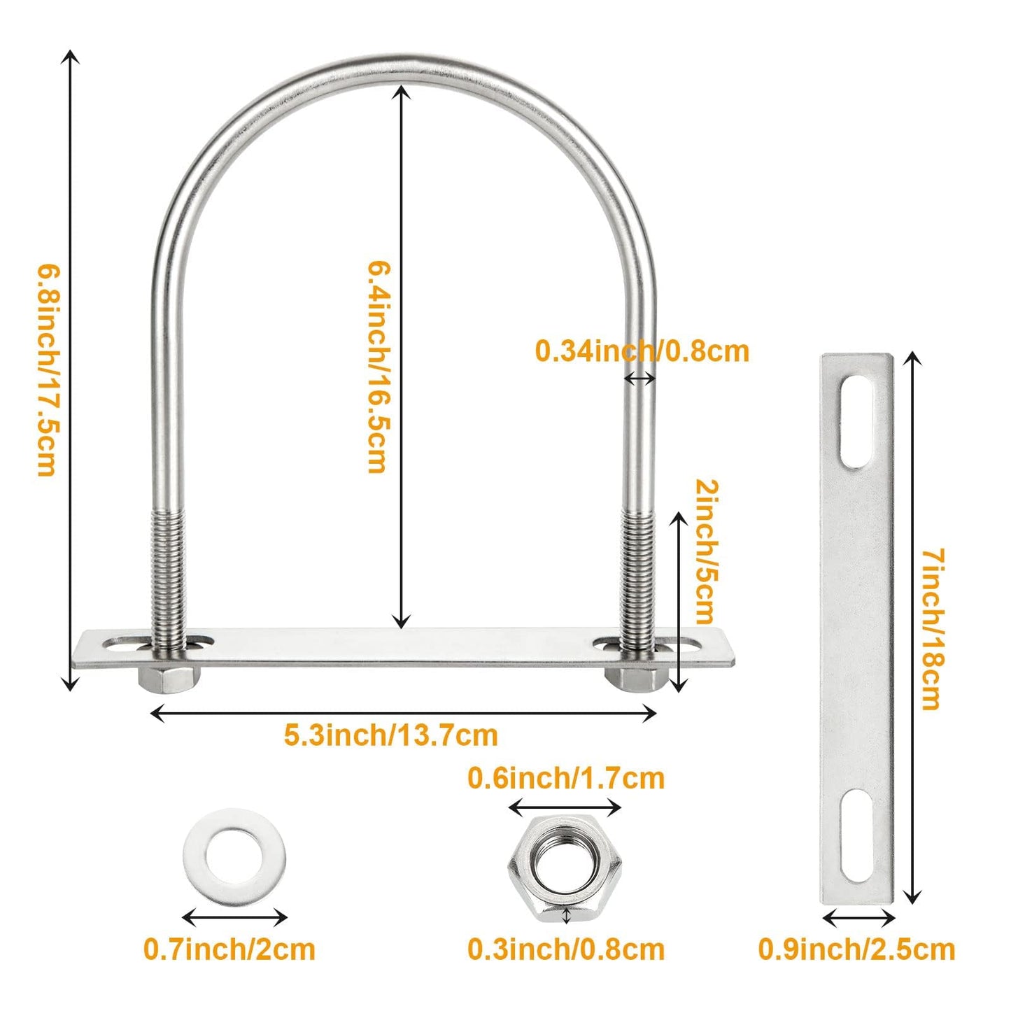 ACXFOND 4Pack Round U-Bolts 5.4"" Inner Widthx6.4 Length Stainless Steel U Bolts with Nuts, Frame Plate, Washers for Ski Boat, Fishing Boat or Sailboat Trailer